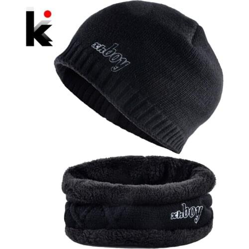 Winter Beanie Cap Men Knitted Hats Scarf Set Fashion Letter Embroidery Skullies Beanies Outdoor Ski Thick Warm Bonnet Hat Gorras