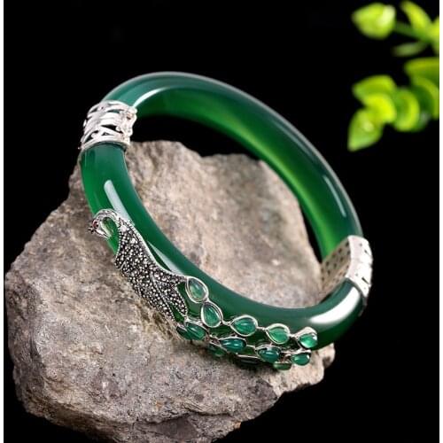 S925 Sterling Silver Jewelry Ethnic Style Lady Chalcedony Bracelet Peacock