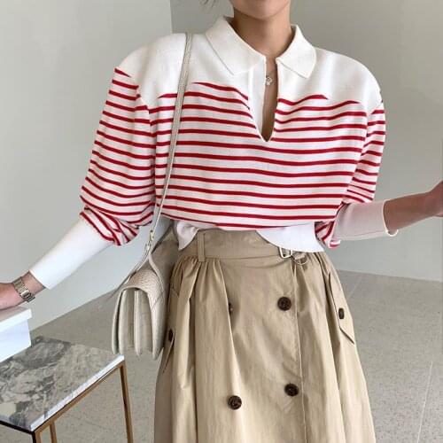 2021 Korea Chic Autumn Turn-down Collar Pullover Hit Color Striped Lapel Loose Puff Sleeve Fashion Sweater Top Women