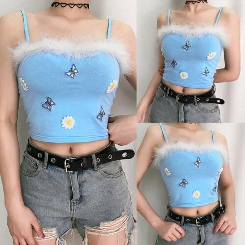 Womens Fresh and Slim Slim Short Butterfly Print Halter Blue