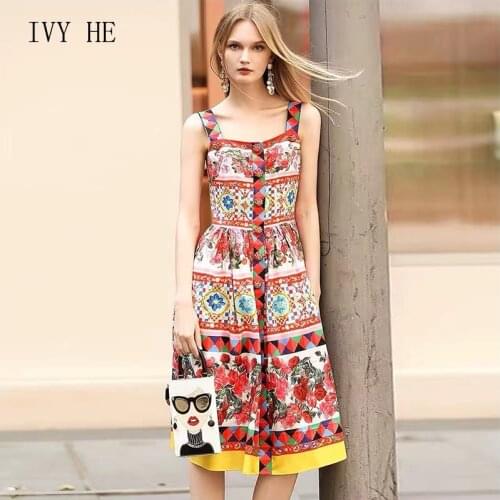 IVY HE Summer Womens Dress 2021 French Street Style With Multi Layer Stack Rose Print Summer Fashion High Quality Dress