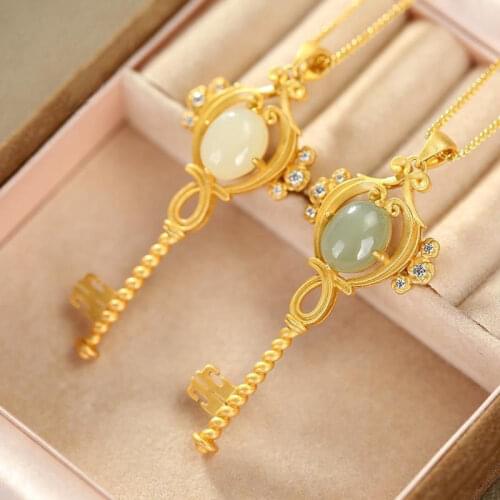 New S925 Sterling Silver Gold Plated Hetian Jade White Jade Gray Jade Personality Retro Temperament Ladies Key Pendant Necklace