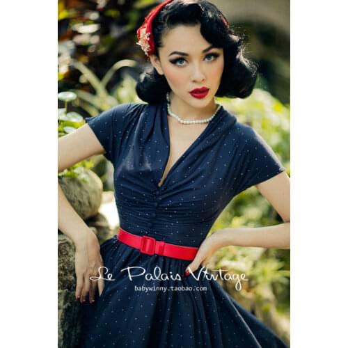FREE shipping Le Palais Vintage 1950s elegant blue fold dots V brought big hemline dress