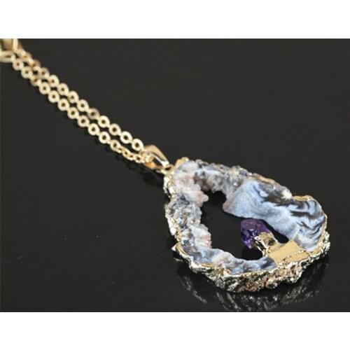 Fashion Jewelry 1pc Gold Color Druzy Gem Statement Stone Slice Pendant Necklace Charms Stone Pendant Chain Necklace