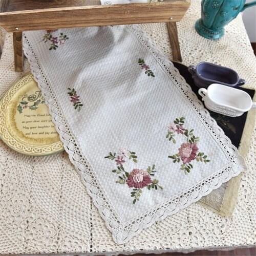 Free Shipping Ribbon Embroidered Pastoral Tablecloth Cup Mat Cover Runner Place Wedding Home Party 40x85cm Blanket Antependium