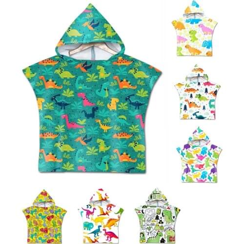 Free shipping Novelty Cartoon Dinosaurs T-Rex Trees Print Baby Kids Children Hooded Towel Pool Bath Beach Poncho Towel Cape