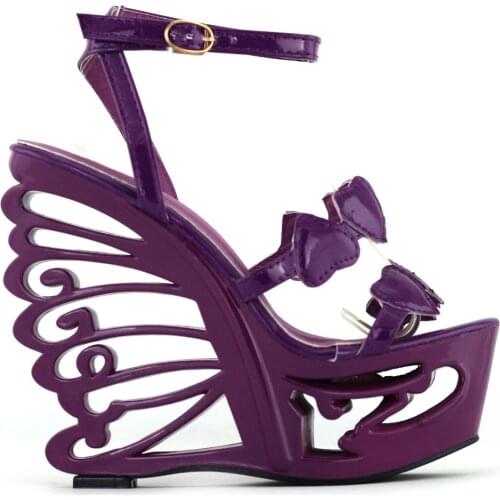 LF51804 Black/Purple Heart Bride Wedding EVE Wedge Butterfly Heel Sandals