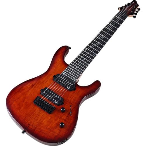 8 Strings Tree Burl Top Electric Guitar 39 Inch Brown Solid Okoume Wood Body Matte Finish 24 Frets 5 Pcs Maple Wood Combine Neck