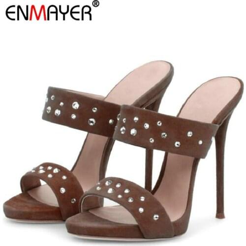 ENMAYER Summer Outside Flock Cute Slippers 2020 Womens Shoes Solid Thin Heels Shoes Women Peep Toe Fashion Women Slippers