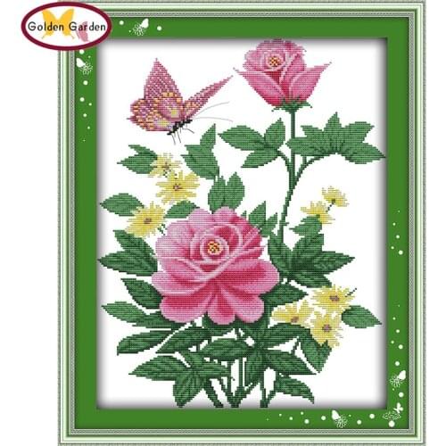 GG Pink Rose and Butterfly Flower Style Design Needlework Sets Embroidery Design Joy Sunday Cross Stitch Patterns for Home Decor