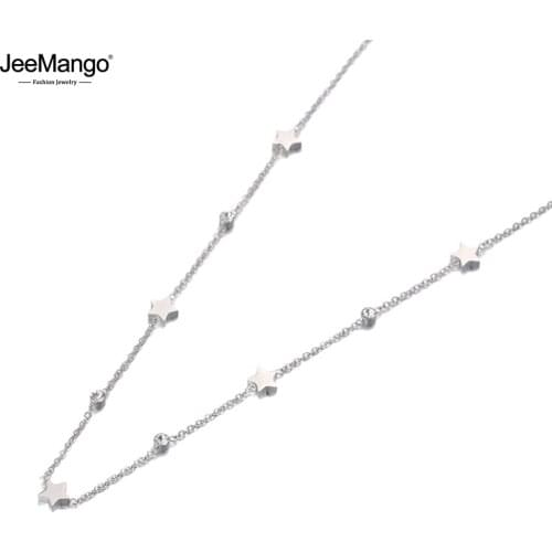 JeeMango Fashion Bohemia Titanium Steel Star CZ Crystal Choker Necklace Beach Jewelry Pendant Chain Necklace For Women JN19124