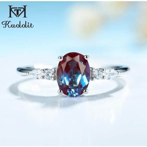 Kuololit Oval 6x8 lab grown Alexandrite Gemstone Ring for Women 925 Sterling Silver Luxury Ring for Engagement Anniversary Gifts