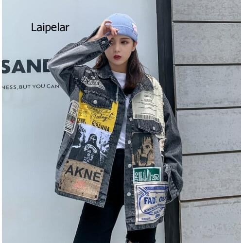 Full Sleeve Appliques Newspaper Pattern Large Size Black Denim Jacket Leisure Couple Coat 2021 Autumn New