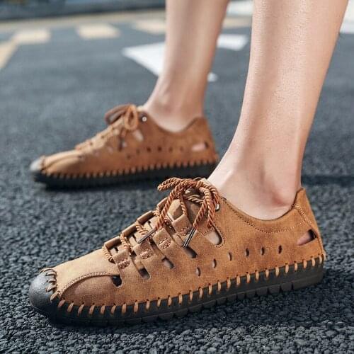 Summer Genuine Leather Mens Sandals Hole Shoes Hollow Leather Sandals 2021 New Handmade Man Leisure Beach Shoes Big Size 47 48