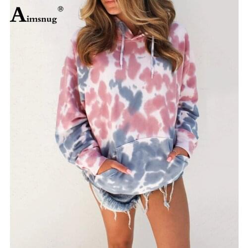 Fashion Hoodie T shirt Women Causal Tie-dye Print Basic Tees Tops Patchwork Pockets Femme Clothing Sudadera Mujer Pullovers