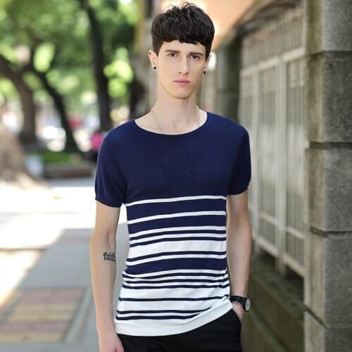 2018 New Summer Men Cotton Slim Fit Thin O-neck T-shirt Short Sleeve Striped Knitted Sweater Male Casual Tops Tees Mens Clothes