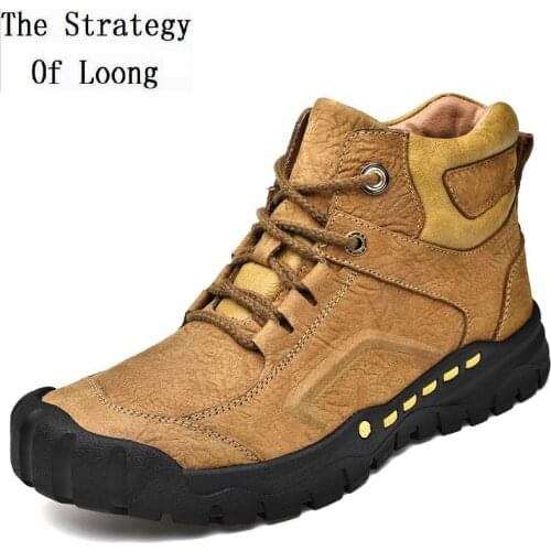 Spring Autumn Outdoor Fashion Men Genuine Leather Hiking Ankle Equestrian Boots Winter Male Plush Lace-Up Boots 20200222