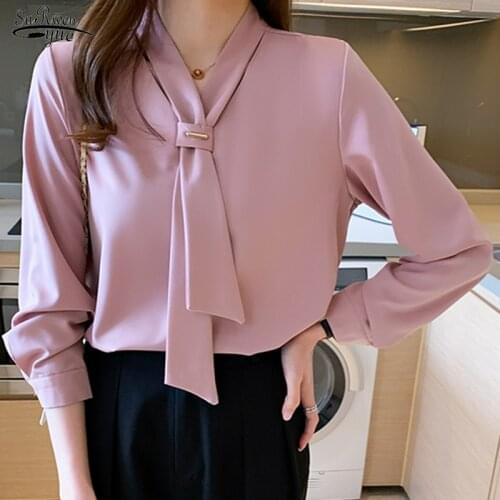 2021 Office Long Sleeve White Woman Shirt Korean Chiffon Women Blouse with Tie Fashion Tops V Neck Loose Female Clothing 13022
