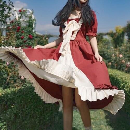 Japanese Lolita Midi Women Dress Summer 2021 Ruffle Retro Pretty Princess Kawaii Clothes Patchwork Puff Sleeve Sweet Cute Dress