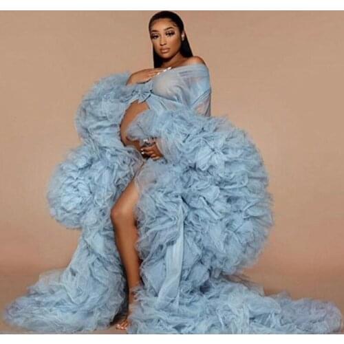 Amazing Blue Tulle Maternity Dress Robes Custom Made Long Women Dresses for Photo shoots See Through Tulle Prom Evening Gowns