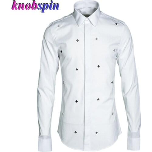 Fashion Metal Decoration Shirt men 2019 long sleeve Slim Business male Dress shirts Solid color 80% Cotton Camisas masculina