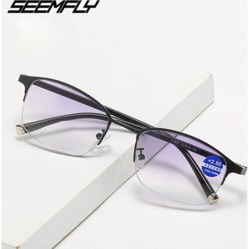 Seemfly Classic Anti Blue Light Progressive Reading Glasses Metal Half Frame Eyewear Unisex Driving Fishing Goggle Eyeglasses