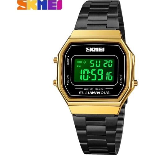 SKMEI Trend Square Digital Watch For Men Sport Waterproof LED Stainless Steel 12/24 Hour Gold Black Male Wristwatch 1647