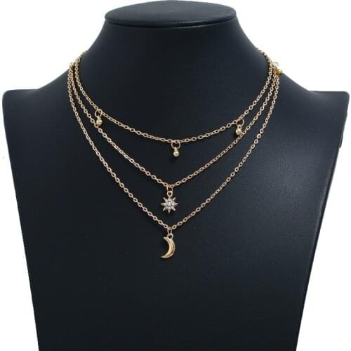 Rhinestone Stars Layered Necklace Gold Color Temperament Fashion Simple Moon All-match Pendant Necklace 2020