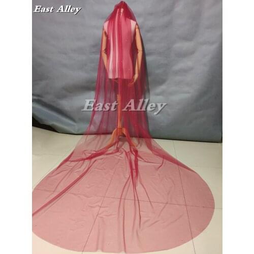 Burgundy Color Scattered Crystal Wedding Veil 3 Meter Bridal Veil Long Veil Cut Edge