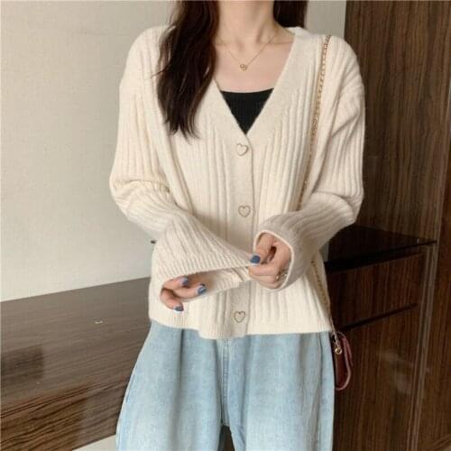 Pure color v-neck sweater women 2021 spring and autumn fashion short loose top knitted cardigan jacket foreign style top