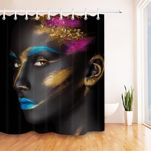 Black Woman with Makeup Printed Bathroom Shower Curtain Waterproof Fabric Polyester Hanging Curtains Set and 12 Hooks Home Decor