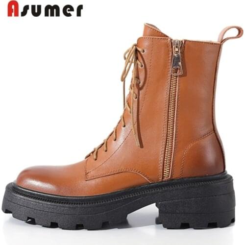 ASUMER 2022 New Arrival Zipper Lace Up Women Winter Boots Fashion Hot Sale Ankle Boots Comfortable Concise Genuine Leather Boots