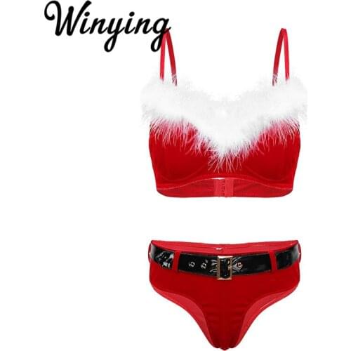 Women Christmas Soft Velvet Lingerie Set Adjustable Straps Bra and Briefs with Belts Underwear Xmas Sexy Costumes Rave Clubwear