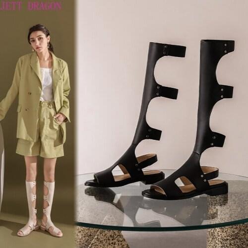 Ladies Genuine Leather Low Heels Knee High Boots Spring Summer Peep Toe Long Boots Shoes Femme Casual Sandals Thigh High Boots