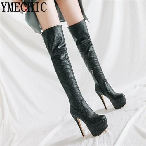 YMECHIC Bling Platform Sexy Super High Heels Long Over Knee Thigh High Boots Gold Silver Black Fashion Party Womens Shoes 2018