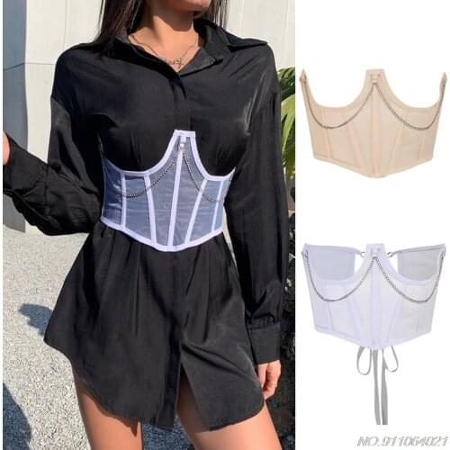 Womens Gothic Punk Mesh Corset Crop Top Harajuku Metal Chain Sheer Bustier Waist Belt Lace-Up Underbust Cincher Shaper Wholesale