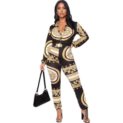 Womens Printed Jumpsuit Long Sleeve Buttoned Shirt Tie Cropped Top Tight Pants Set