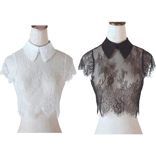 Women Eyelash Trimmed Floral Lace False Collar Cap Sleeves Sheer Lapel Detachable Half Shirt Blouse Solid Color Crop Top L93F