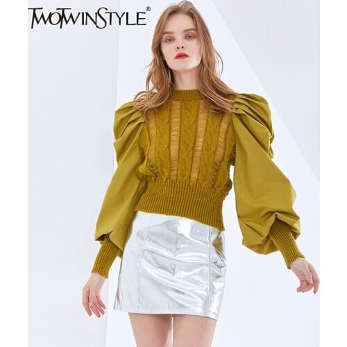 TWOTWINSTYLE Elegant Patchwork Sweater For Women O Neck Puff Long Sleeve Casual Knitted Pullovers Female Fashion New Clothing