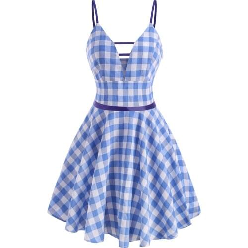 Vintage Dress Women Plus Size Gingham Ladder Cut Plunge Front Mini Dress Spaghetti Strap Casual Party Dress Vestidos