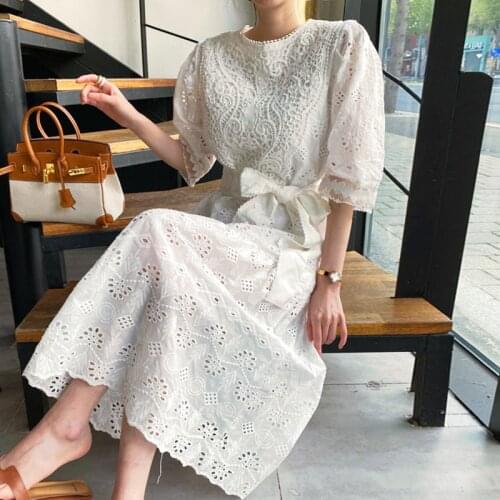 2020 Summer Women Korean Chic O-neck Short Sleeve Lace Hollow Belt Dress Female Maxi Mid-calf Swing Party Club Dress Female