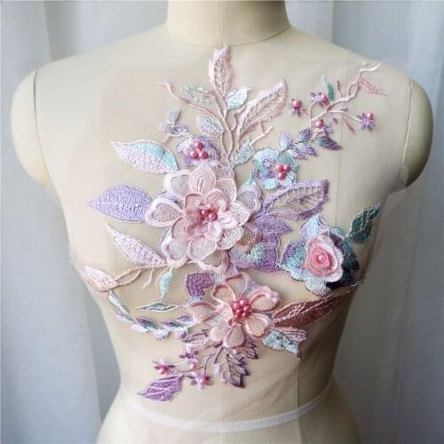 Purple Pink 3D Flower Lace Fabric Sequin Beads Rhinestone Embroidered Gown Appliques Collar Sew Patch For Wedding Decoration