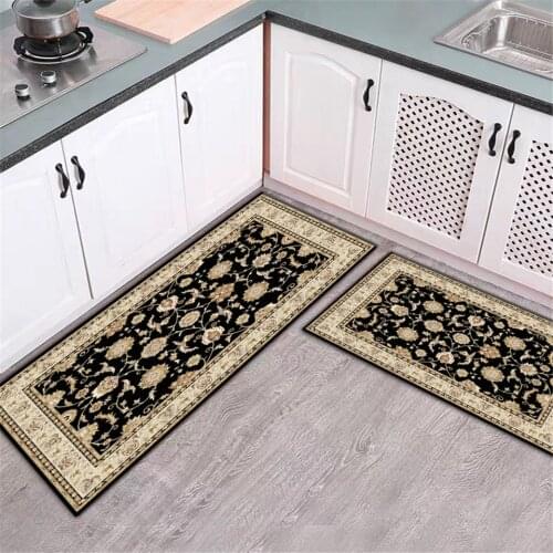 European Style Classical Floral Mat Kitchen Vintage Non-slip Flannel Toilet Mat Long Floor Mat For Bedroom Bedside Bath Mat
