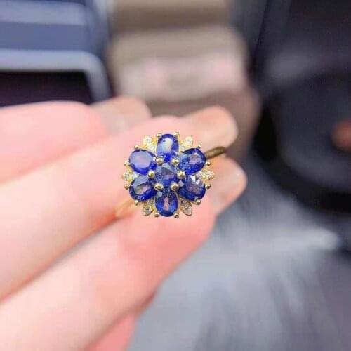 Natural Moonstone/Aquamarine/Sapphire Fine Flower Type Ring S925 Sterling Silver Fashion Wedding Jewelry for Women MeibaPJFS