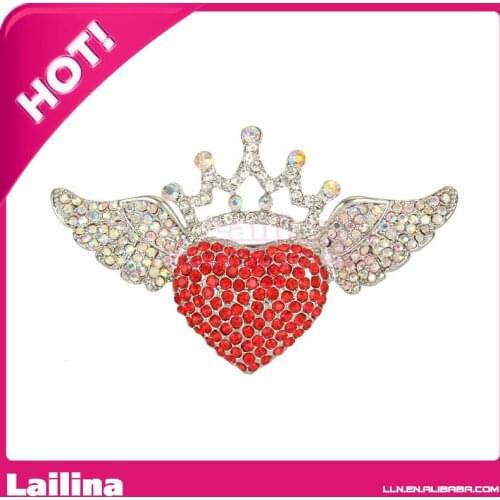 Hot Sales 76mm Heart Angel Wing Crown Brooch Pin Red And White AB Rhinestone Brooches