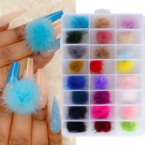 24pcs Magnet Removable Nail Art Pom Pom Kit Fluffy Plush Ball Soft Hairball Nail Ornament Nail Decoration Manicure Tool SA1942-F