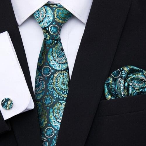 Wholesale High Quality 7.5 cm width Necktie for Men Silk Tie Hanky Cufflinks Set Suit Business Wedding Luxury Green Floral Dot