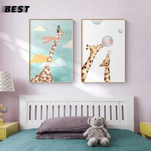 Nordic Canvas Painting Cute Rabbit Giraffe Moon Cartoon Wall Art Posters And Print Pictures For Girl Boy Kids Room Home Decor