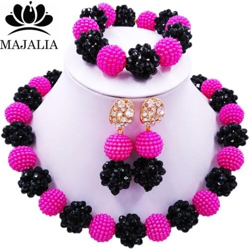 Majalia Fashion Nigeria Wedding African Beads Jewelry Set Hot pink Crystal Plastic Pearl Necklace Bridal Jewelry Sets 1ZS032