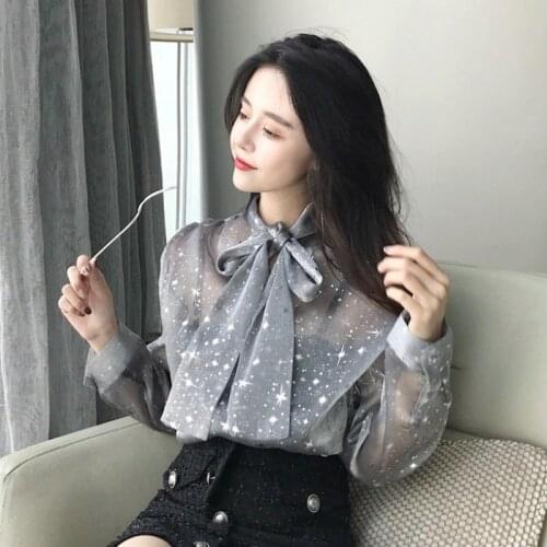 Women Summer Long Sleeve Lace Up Ruffles Strap Bow Shirt Casual Slim High Waist Pullover Bandage Bling Sequined Star Blouse Tops
